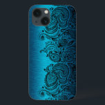 Case-Mate iPhone Case Bleu Aqua Métallurgique Avec Dentelle Paisley Noir<br><div class="desc">Aquarellerie bleu marine design métallique en aluminium brossé avec dentelle en cachemire floral noir.</div>