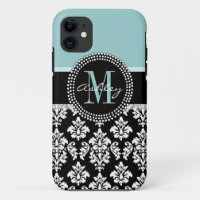 BLEU, BLACK DAMASK, VOTRE MONOGRAM, VOTRE NOM