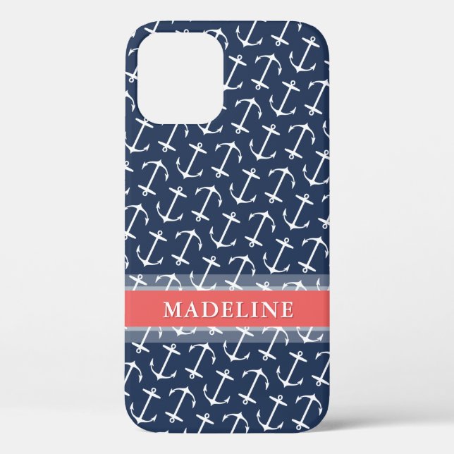 Coques Case-Mate iPhone Bleu Blanc Ancre Motif Nom du corail (Verso)