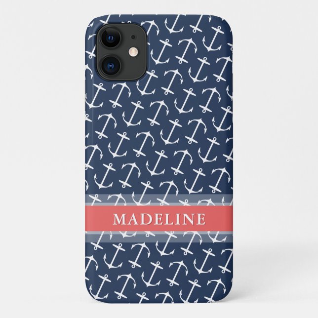 Coques Case-Mate iPhone Bleu Blanc Ancre Motif Nom du corail (Dos)