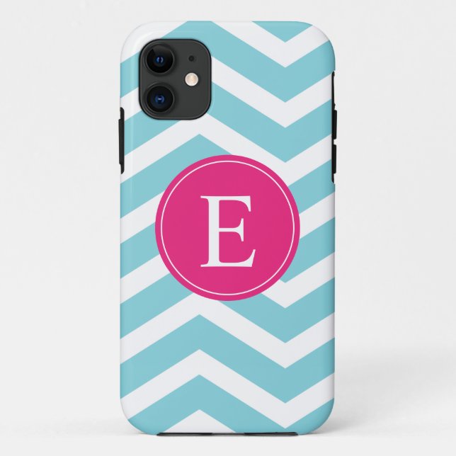 Coques Case-Mate iPhone Bleu blanc Chevron rose clair Monogramme (Dos)