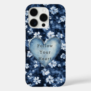 Coque iPhone 16 Pro Bleu Blanc Denim Flowers Coeur