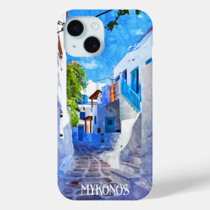 Coque Case-Mate iPhone Bleu blanc élégant Mykonos Grèce Aquarelle