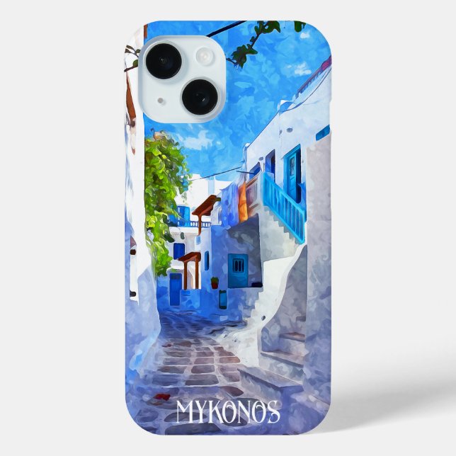 Coques Case-Mate iPhone Bleu blanc élégant Mykonos Grèce Aquarelle (Verso)