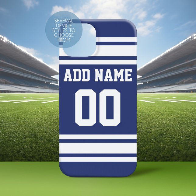Coques Case-Mate iPhone Bleu blanc jersey rayures avec nom et numéro (Personalized Phone Case with a Football Jersey Stripe Design)