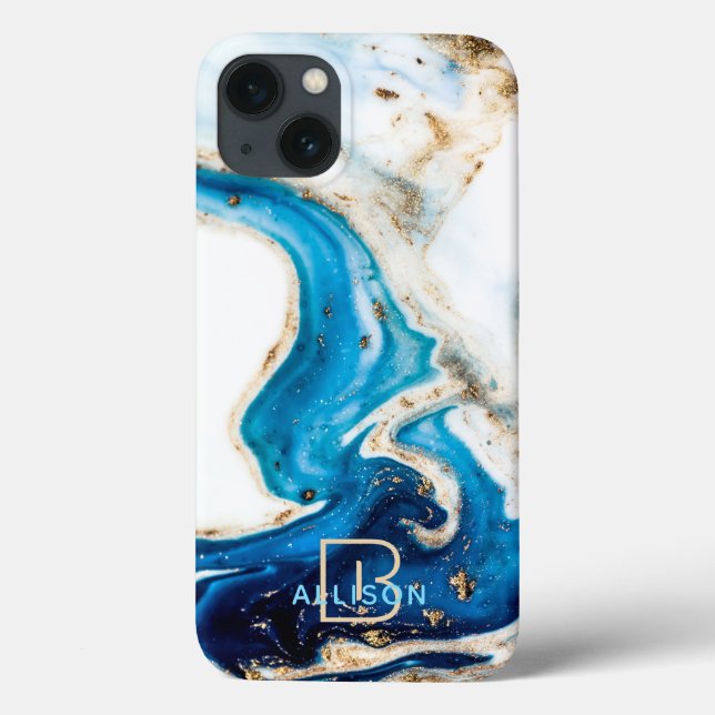 Coques Case-Mate iPhone Bleu blanc marbre or Abstrait Art Monogramme (Verso)