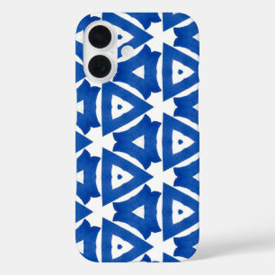 Coque Pour iPhone 16 Bleu Blanc Méditerranéen Carrelage Triangles Chic