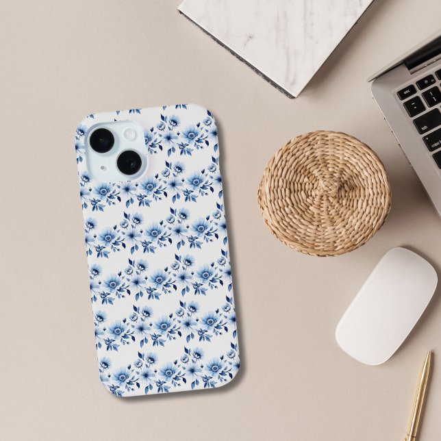 Coques Case-Mate iPhone Bleu Blanc Toile Floral Aquarelle Élégant (Blue white toile floral iPhone case. iPhone 15 13 14 12 11 and XR cases
)
