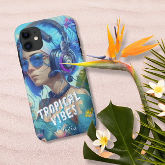 Case-Mate iPhone Case Bleu Blanc Tropical Vibes Female DJ Illustration