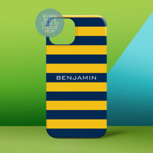 Coque Case-Mate iPhone Bleu bleu jaune Rugby rayures Nom personnalisé