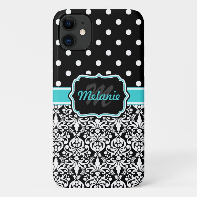Coques Case-Mate iPhone Bleu clair Monogramme Damask Pois Motif (Dos)