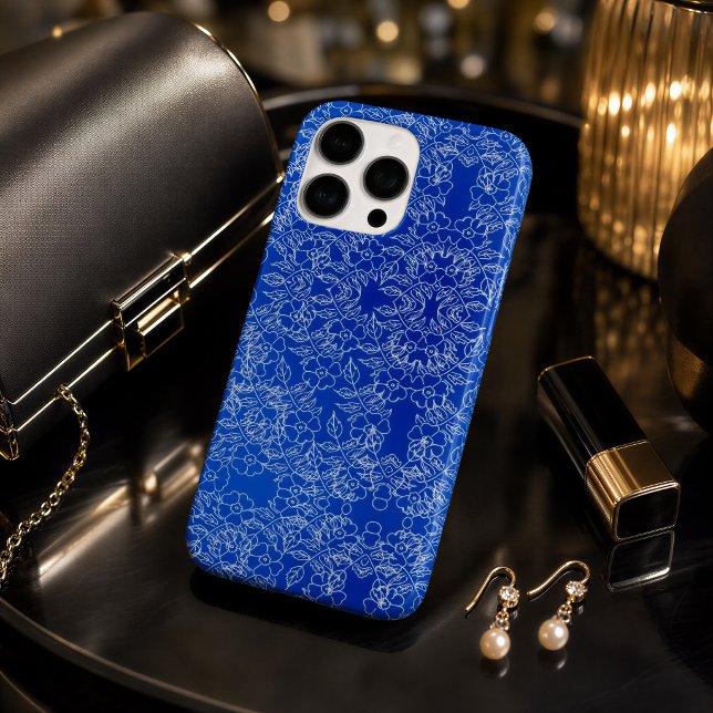 Coques Case-Mate iPhone Bleu cobalt blanc floral damassé (Créateur téléchargé)