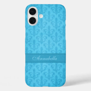 Coque Pour iPhone 16 Plus Bleu damassé Fleur de Lis