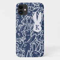 Bleu de la marine lapin Dessin Monogramme moderne 