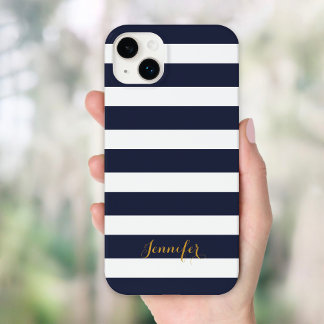 Coque Pour iPhone 14 Plus Bleu de marine et d'or Classic rayures Monogramme