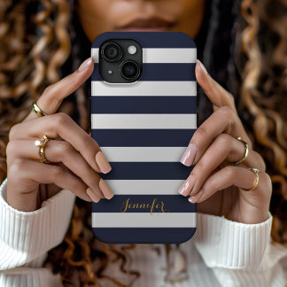 Coque Case-Mate iPhone Bleu de marine et d'or Classic rayures Monogramme