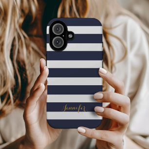 Coques iPhone 16 Bleu de marine et d'or Classic rayures Monogramme