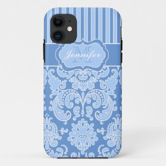 Coques Pour iPhone Bleu de monogramme, iPhone rayé blanc 5 de damassé