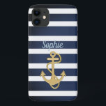 Case-Mate iPhone Case Bleu et Ancre Gold Nautique<br><div class="desc">Blue Stripes & Gold Ancre conception nautique. 
Customisez à votre goût ; c'est un modèle. :)</div>