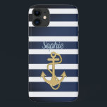 Case-Mate iPhone Case Bleu et Ancre Gold Nautique<br><div class="desc">Blue Stripes & Gold Ancre conception nautique. 
Customisez à votre goût ; c'est un modèle. :)</div>