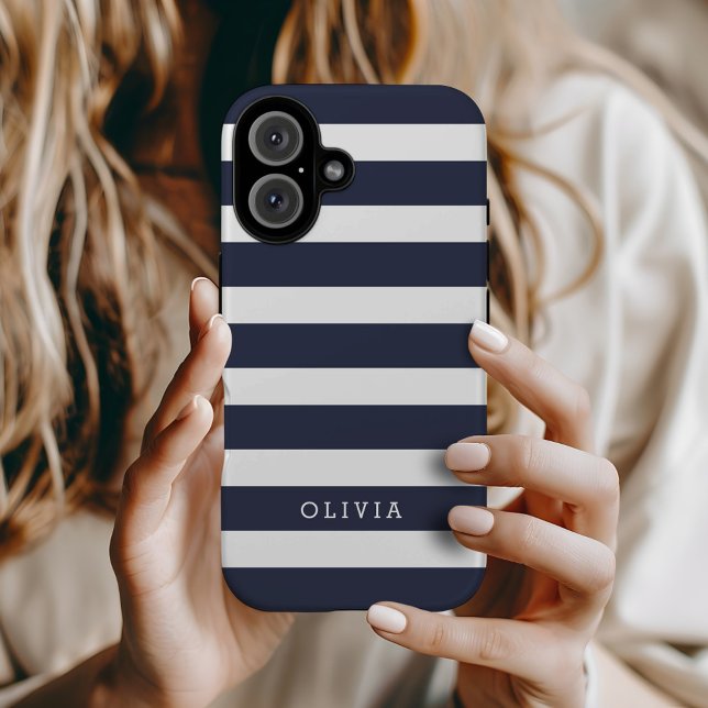 Coques Case-Mate iPhone Bleu et blanc Classic rayures de marine Monogramme (Créateur téléchargé)