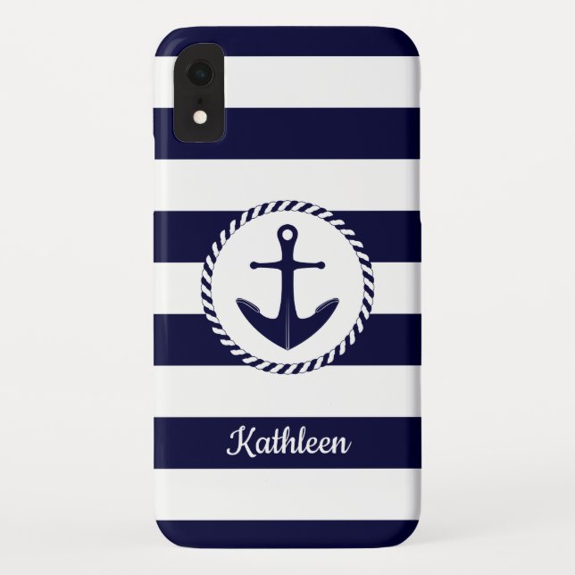 Coques Case-Mate iPhone Bleu et blanc de la marine nautique avec Ancre (Dos)