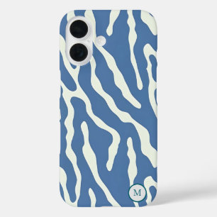 Coque Pour iPhone 16 Bleu et crème Moderne Abstrait Wavy Lines Motif