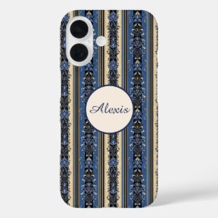 Coque Pour iPhone 16 Bleu et or Damas rayures