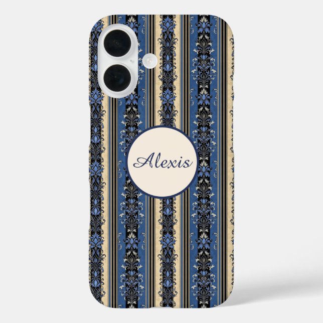 Coques Case-Mate iPhone Bleu et or Damas rayures (Verso)