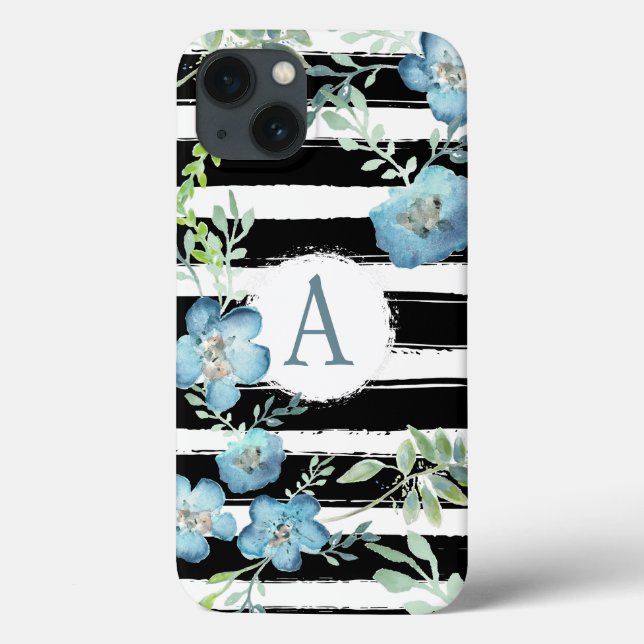 Coques Case-Mate iPhone Bleu floral rayé monogramme (Verso)