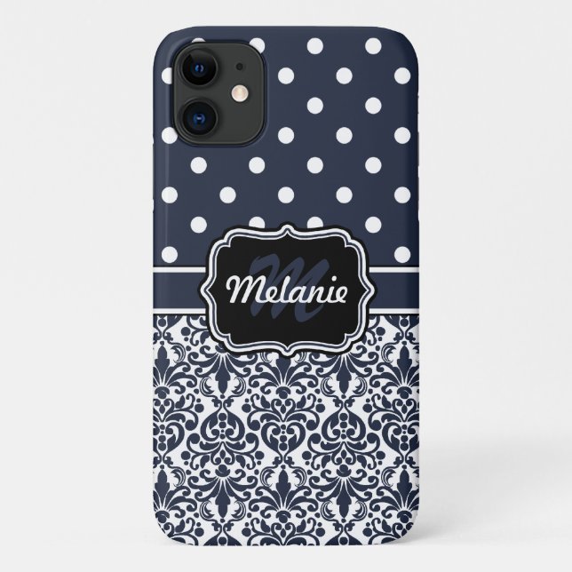 Coques Case-Mate iPhone Bleu foncé Monogramme Damas Pois Motif (Dos)