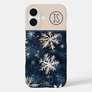 Coque Pour iPhone 16 Bleu foncé simple avec flocons de neige Monogramme