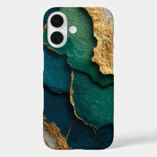 Coque Pour iPhone 16 Bleu foncé, vert et or