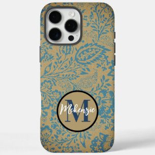 Coque iPhone 16 Pro Max Bleu foncé vintage et Fleur sauvage Brown