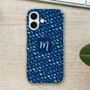 Coque Pour iPhone 16 Bleu gouttes de pluie monogramme personnalisé