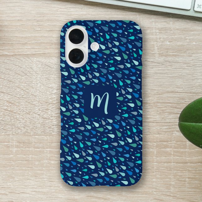 Coques Case-Mate iPhone Bleu gouttes de pluie monogramme personnalisé (Modern blue raindrops custom monogram iphone case)