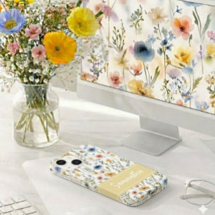Coque Case-Mate iPhone Bleu Jaune Rose Nom de Fleur Sauvage à l'Aquarelle