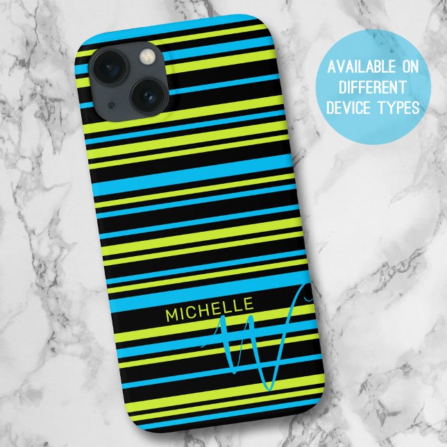 Coques Case-Mate iPhone Bleu Lime Vert Stripes Motif Monogramme (Créateur téléchargé)