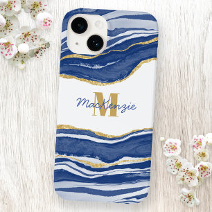 Coque Case-Mate iPhone Bleu Marbre Agate Or Parties scintillant Monogramm