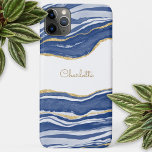 Coque Case-Mate iPhone Bleu Marbre Agate Parties scintillant or Personnal<br><div class="desc">Aquarelle bleu Indigo agate marbre design avec faux détail parties scintillant or. Modifiez le nom pour customiser.</div>
