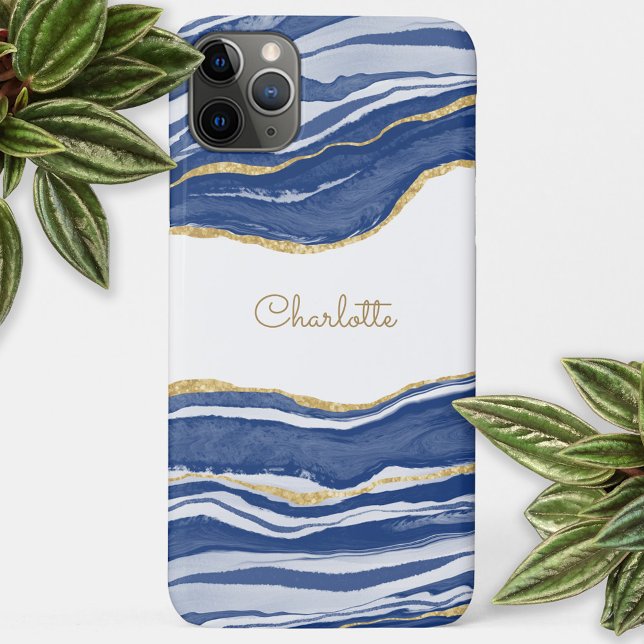Coques Case-Mate iPhone Bleu Marbre Agate Parties scintillant or Personnal (Agate marble watercolor with faux gold glitter personalized name cell phone case)
