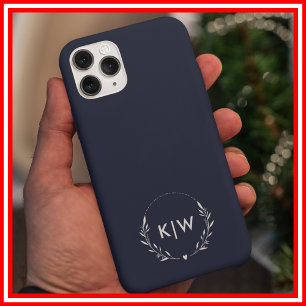 Coque iPhone 16 Pro Max Bleu marine et blanc Monogramme initiales modern