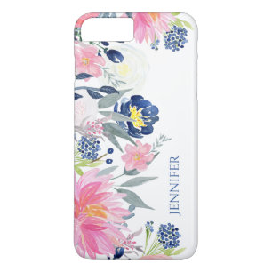 Coque iPhone 8 Plus/7 Plus Bleu marine et fleurs roses d'aquarelle