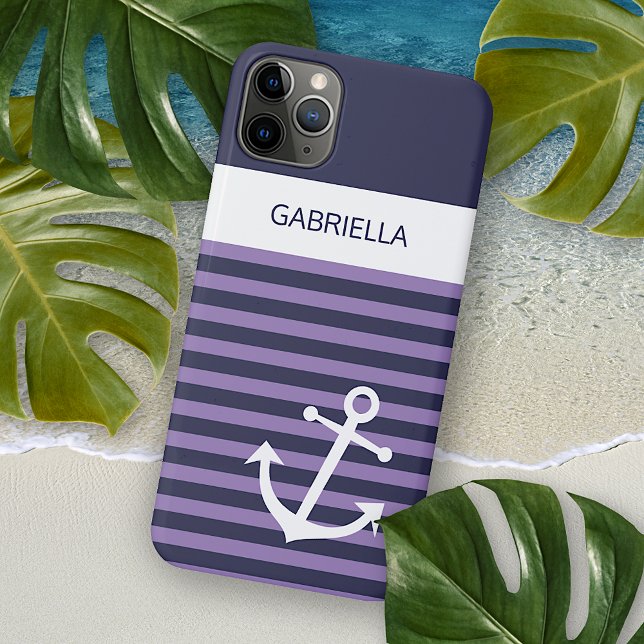 Coques Case-Mate iPhone Bleu marine foncé blanc violet violet rayures pers (Créateur téléchargé)