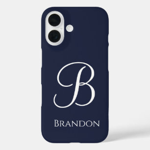 Coque Pour iPhone 16 Bleu Marine Nom et Monogramme Personnalisés