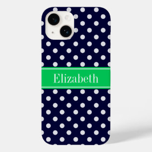 Coques Pour iPhone Bleu Marine Points Blancs Vert Emeraude Monogramme