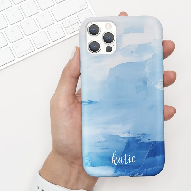 Coques Case-Mate iPhone Bleu moderne + Art peint blanc avec nom (Créateur téléchargé)