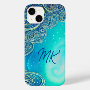 Coque Case-Mate iPhone Bleu monogramme et art Abstrait Turquoise
