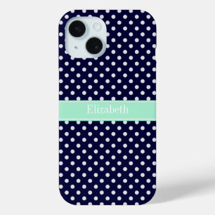 Coque Pour iPhone 15 Bleu Nuit Blanc Points de Mint Nom Monogramme