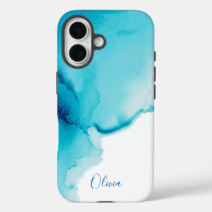 Coque Pour iPhone 16 Bleu Nuit Élégant Aquarelle Aqua